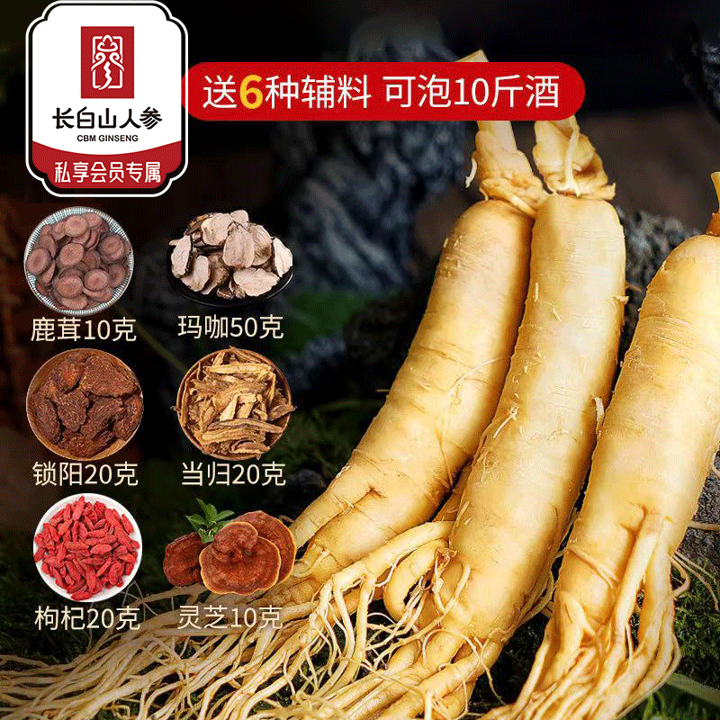 热售【酒浸保鲜参】长白山酒浸保鲜参+送6种散装泡酒材料 锁阳+鹿茸+当归+玛咖+灵芝+枸杞