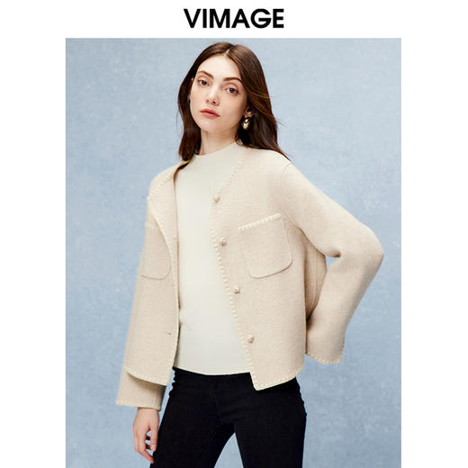 VIMAGE纬漫纪气质圆领小香风羊毛羊绒毛呢外套冬季新款V2203833 商品图2