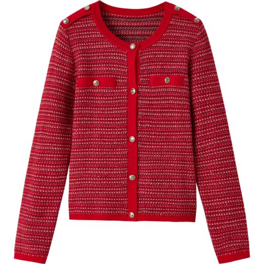 【商场同款】CNR4A99“璀璨冬韵毛开” 温暖氛围感红色 放松小箱型设计不挑身材 羊毛混合亮光感纱线 点缀金属扣 小香风毛开衫 商品图10