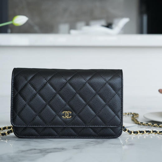 CHANEL香奈儿 WOC 链条肩带 颗粒压花牛皮 发财包口盖包麻将包斜挎包 女款 黑色（HH） 商品图0