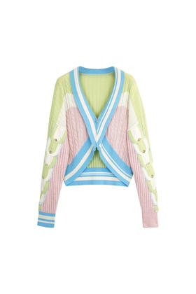 撞色拉链羊绒开衫