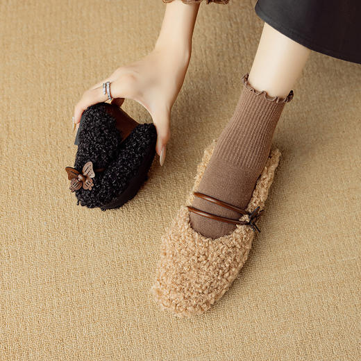 K1231R秋冬季保暖毛毛鞋女外穿加绒单鞋女浅口平底鞋软底舒适玛丽珍鞋 商品图3