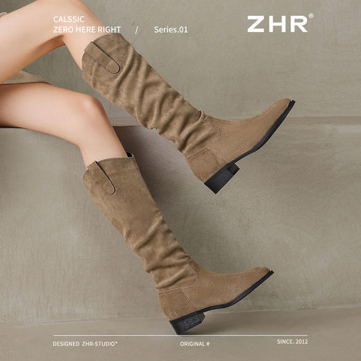 ZHR则则绒面尖头长筒靴女2024冬新款薄绒保暖骑士靴软底V口堆堆靴 商品图7