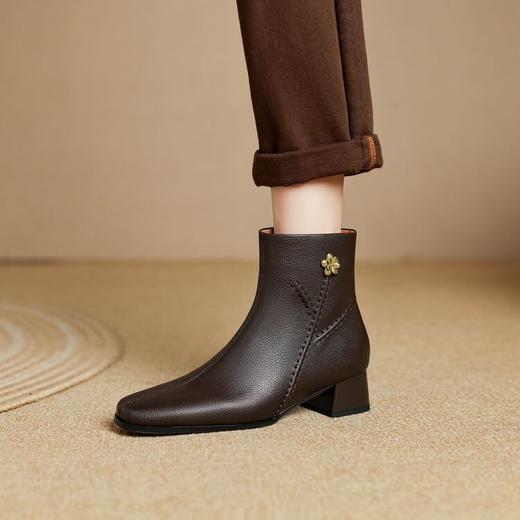 【预售5天】软羊皮法式粗跟，时尚小短靴女侧拉链加绒女靴YJ&F3110 商品图2