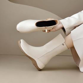 【预售5天】白色靴子女秋冬季新款厚底不累脚女鞋平底加绒女靴坡跟真皮短靴XPJ&8974