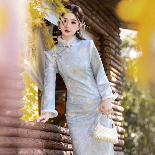 YG-2499蓝色旗袍秋冬款加绒加厚独特绝美小个子改良年轻款年会 商品图3
