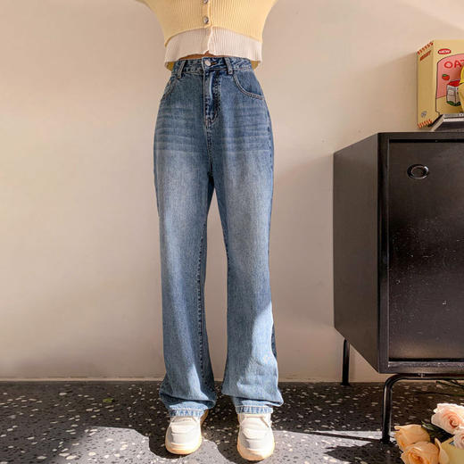 「撞色小花朵刺绣款」直筒牛仔裤女 梨形身材高腰宽松阔腿拖地长裤子下装 商品图1