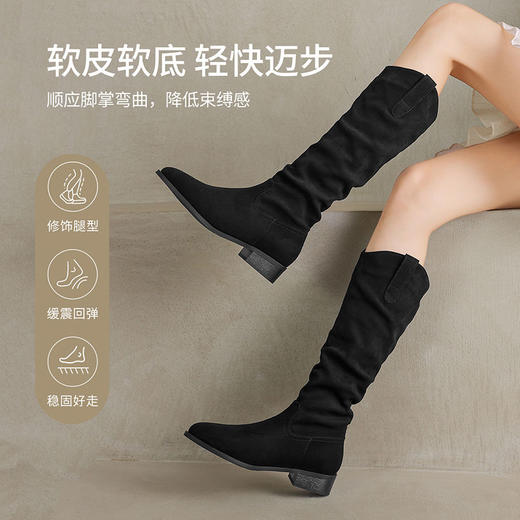 ZHR则则绒面尖头长筒靴女2024冬新款薄绒保暖骑士靴软底V口堆堆靴 商品图4