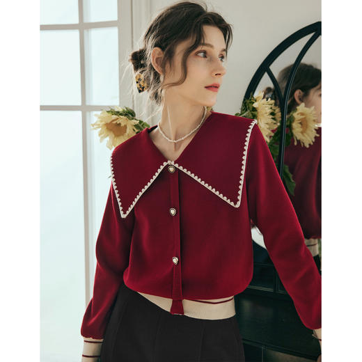 OLrain欧芮儿法式红色大翻领毛衣女夏季2023年新款复古泡泡袖上衣 商品图0