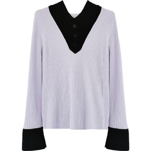 【商场同款】CNK4055雾紫色“气质减龄毛衫” 拼色设计营造层次感 H廓形包容显瘦  连帽V领松弛时尚  绵羊毛纱线舒适亲肤毛衣 商品图9