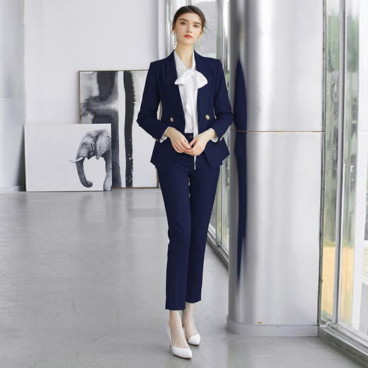 AD正装女套装春季藏青色工作服气质青果领西装套裤时尚商务职业装 商品图4