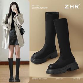 ZHR则则简约纯色弹力瘦瘦靴女靴2024秋冬新款时尚复古百搭骑士靴