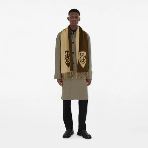 BURBERRY 巴宝莉 男女通用 B 字型盾牌图案 Brewed Protein™羊毛混纺围巾 驼色 8100031 B9719 商品图3