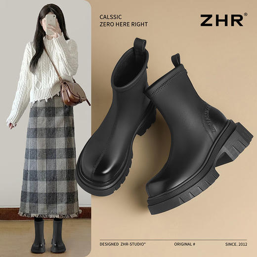 ZHR加绒女鞋复古2024秋冬新款厚底靴女通勤切尔西短靴 商品图0