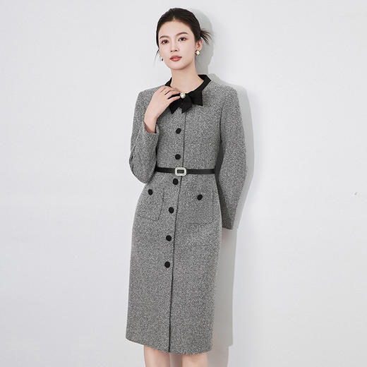 【高货wl】全新升级【铂金会员358/天猫479/差价121】(02723) 洛诗琳法式轻奢简约风轻熟撞色蝴蝶结圆领长袖女连衣裙 商品图2