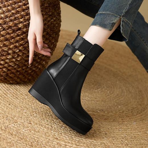 【预售5天】秋冬皮靴增高鞋圆头坡跟靴子高跟短靴女厚底性感牛皮真皮女靴NWS1&N9648 商品图1