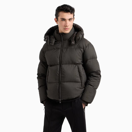 EMPORIO ARMANI 阿玛尼 男士通体 LOGO 提花尼龙连帽拉链羽绒服 灰色 6D1BC3 1NNXZ 05A6 商品图1