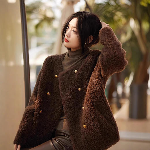 丁摩 全羊毛皮毛一体羊羔毛皮草外套女小个子羊剪绒大衣MH6603 商品图1
