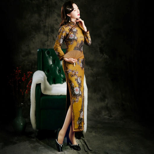 HQ-921高档加绒加厚旗袍2024冬季新款长袖复古改良中国风连衣裙气质长款 商品图2