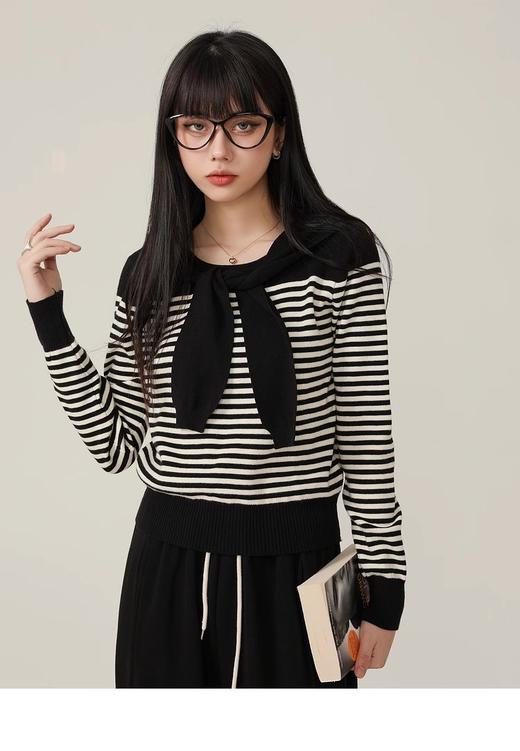 <曾小咸推荐>假两件披肩针织毛衣撞色条纹 商品图5