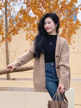【百图lulu定制】【文艺牛角扣毛衣】牛角扣 花纱 V领  大口袋一手长针织 慵懒风 长袖外套