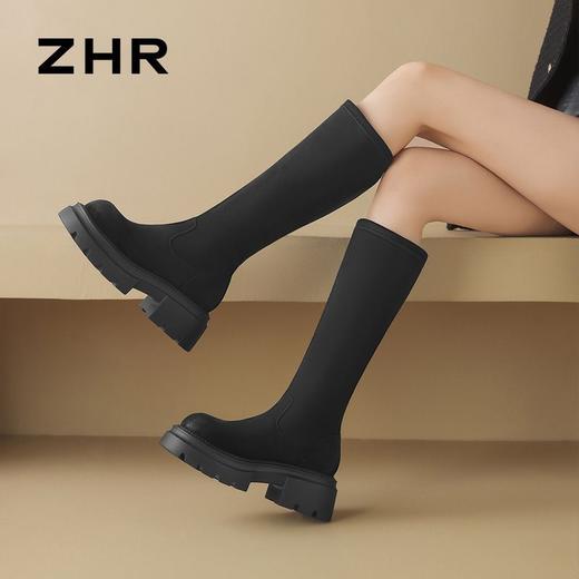 ZHR则则简约纯色弹力瘦瘦靴女靴2024秋冬新款时尚复古百搭骑士靴 商品图4