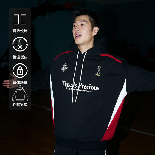 LUSHISILUSHISI时间可贵主题450g重磅微抓绒毛圈厚保暖复古拼接连帽卫衣 商品图3