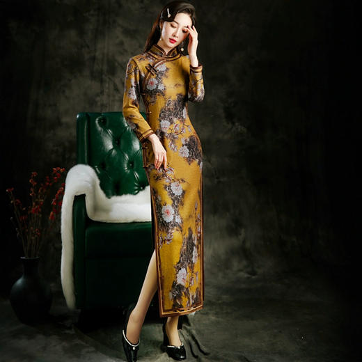 HQ-921高档加绒加厚旗袍2024冬季新款长袖复古改良中国风连衣裙气质长款 商品图0