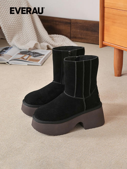 EVERAU潮酷【人鱼跟】厚底增高显瘦靴筒内里羊毛女士秋冬雪地靴UEA3015 商品图3