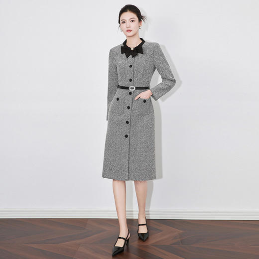 【高货wl】全新升级【铂金会员358/天猫479/差价121】(02723) 洛诗琳法式轻奢简约风轻熟撞色蝴蝶结圆领长袖女连衣裙 商品图3