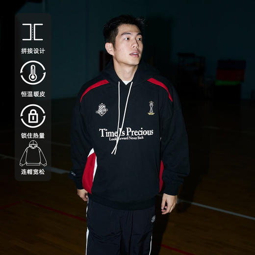 LUSHISILUSHISI时间可贵主题450g重磅微抓绒毛圈厚保暖复古拼接连帽卫衣 商品图4