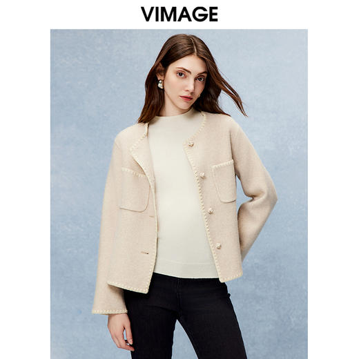 VIMAGE纬漫纪气质圆领小香风羊毛羊绒毛呢外套冬季新款V2203833 商品图3