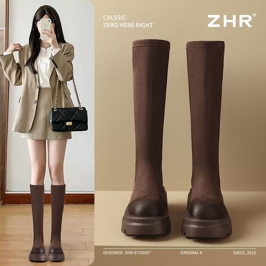 ZHR则则简约纯色弹力瘦瘦靴女靴2024秋冬新款时尚复古百搭骑士靴 商品图1
