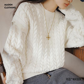 马登可拆卸绞花毛衣复古奶油白慵懒麻花毛衣圆领针织衫背心冬季女