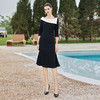 AD阔太太洋气高贵连衣裙女一字领法式赫本风小黑裙修身包臀鱼尾裙 商品缩略图1