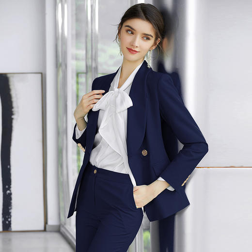AD正装女套装春季藏青色工作服气质青果领西装套裤时尚商务职业装 商品图6