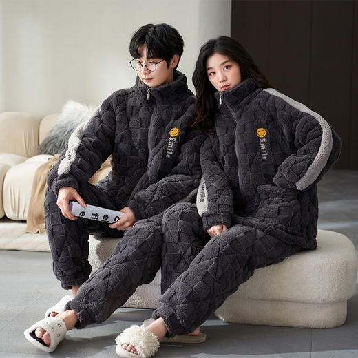 雀说 冬季男女款睡衣套装三层夹棉加绒加厚情侣家居服XDQM01 商品图8