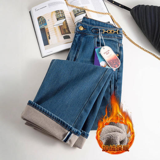 【自】全新升级【铂金会员165/天猫219/差价54】(05341) 洛诗琳蓝色加绒阔腿牛仔裤女冬季新款高腰显瘦保暖直筒裤 商品图2