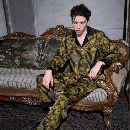 Solo seta22姆米男士真丝长袖长裤睡衣套装桑蚕丝印花家居服秋冬 商品图3