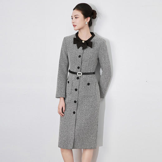 【高货wl】全新升级【铂金会员358/天猫479/差价121】(02723) 洛诗琳法式轻奢简约风轻熟撞色蝴蝶结圆领长袖女连衣裙 商品图1