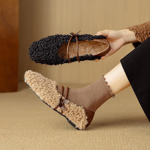K1231R秋冬季保暖毛毛鞋女外穿加绒单鞋女浅口平底鞋软底舒适玛丽珍鞋 商品图2