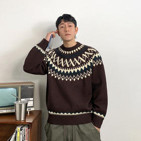 徐太浪复古圆领民族风提花针织衫男秋冬线衣韩版潮牌保暖打底毛衣