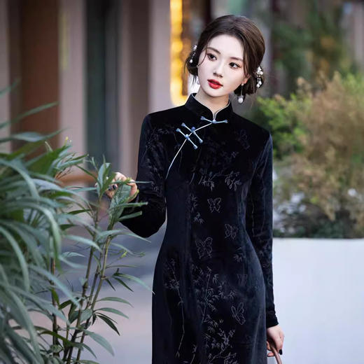 YG-2480黑色旗袍新款2024改良年轻款高端气质长袖新中式日常高贵女秋款 商品图1
