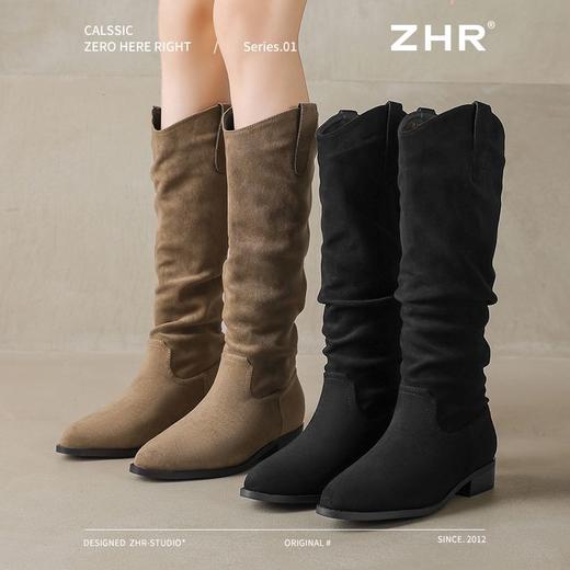 ZHR则则绒面尖头长筒靴女2024冬新款薄绒保暖骑士靴软底V口堆堆靴 商品图2