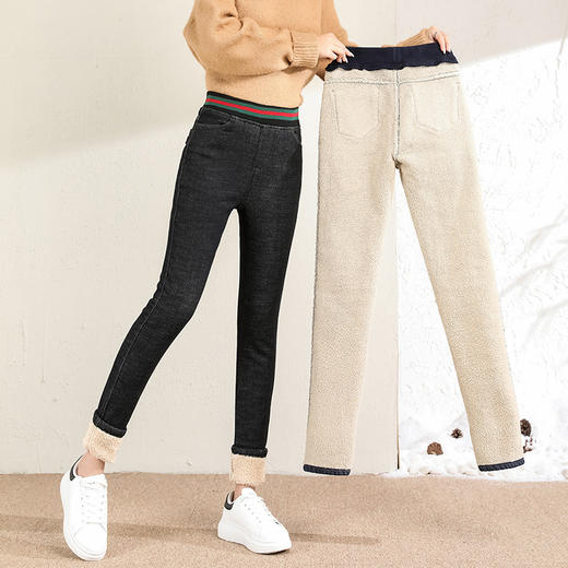 百媚生 松紧腰加厚羊羔绒牛仔裤高腰铅笔裤9090 商品图3