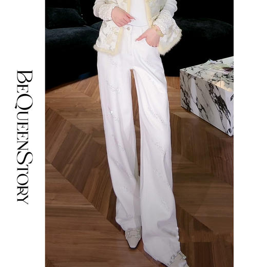 余潇潇【浪漫星露】时尚百搭斜纹烫钻加厚绒直筒阔腿牛仔裤秋冬女 商品图4