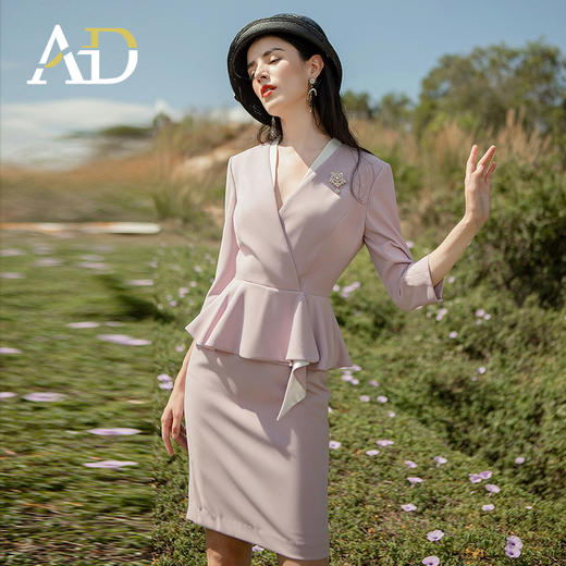 AD洋气紫色连衣裙女时尚职业装气质女神范西装套装高端前台工作服 商品图0