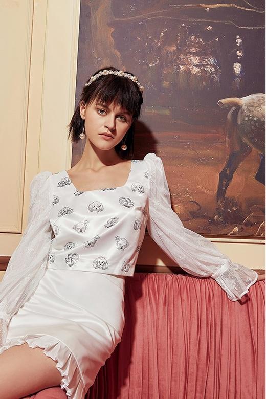 komello 印花拼接网纱复古方领上衣 14582 商品图5