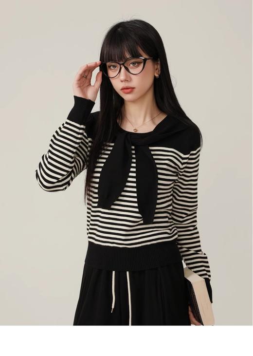 <曾小咸推荐>假两件披肩针织毛衣撞色条纹 商品图3