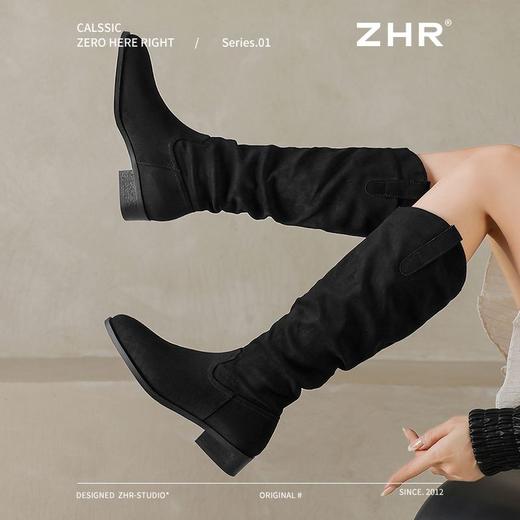 ZHR则则绒面尖头长筒靴女2024冬新款薄绒保暖骑士靴软底V口堆堆靴 商品图5